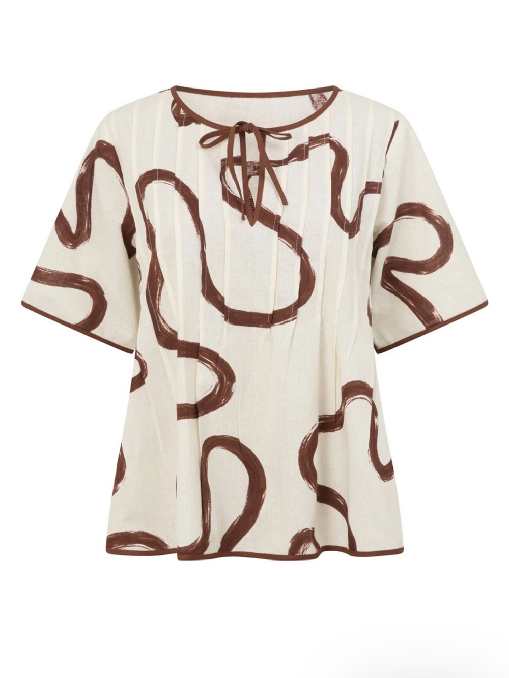 Sabo- Rayne Top - Marbled Mocha -Linen-Blend Cream Top with Brown Abstract Print